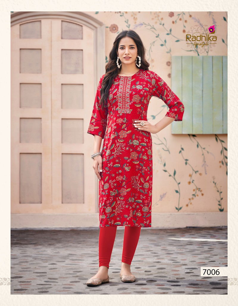 Pahel Vol 7 By Radhika Straight Cut Rayon Printed Kurti Wholesale Market In Surat
